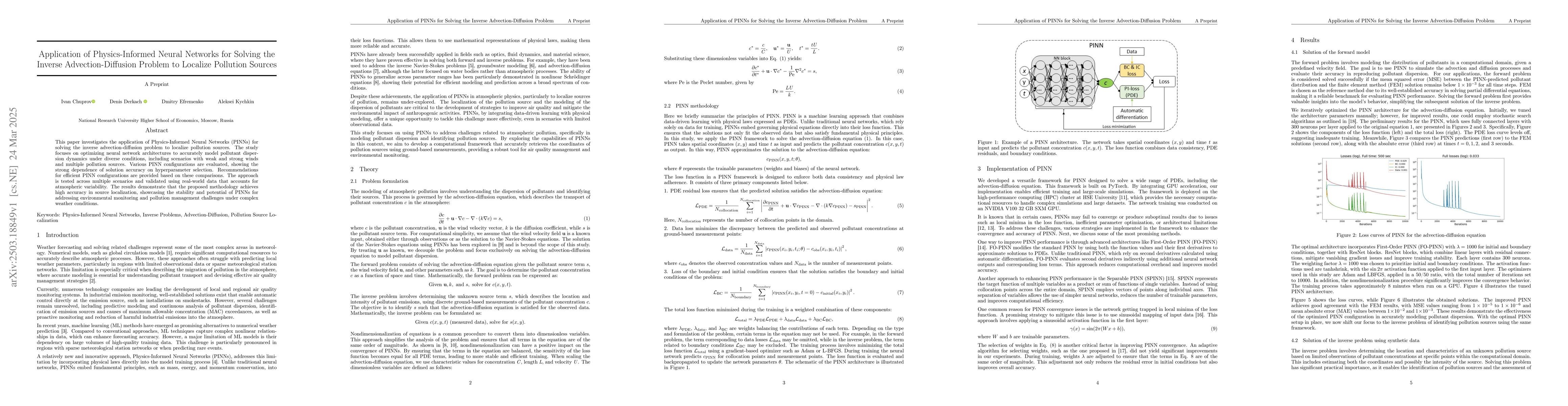 Thumbnail for Application of Physics-Informed Neural Networks for Solving the Inverse
  Advection-Diffusion Problem to Localize Pollution Sources