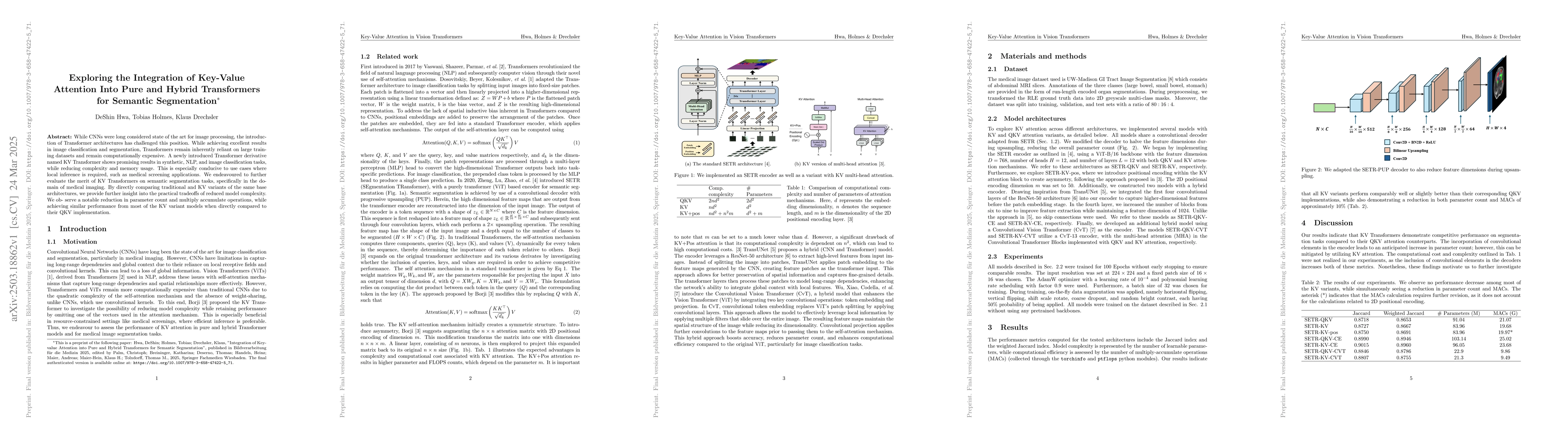 Thumbnail for Exploring the Integration of Key-Value Attention Into Pure and Hybrid
  Transformers for Semantic Segmentation