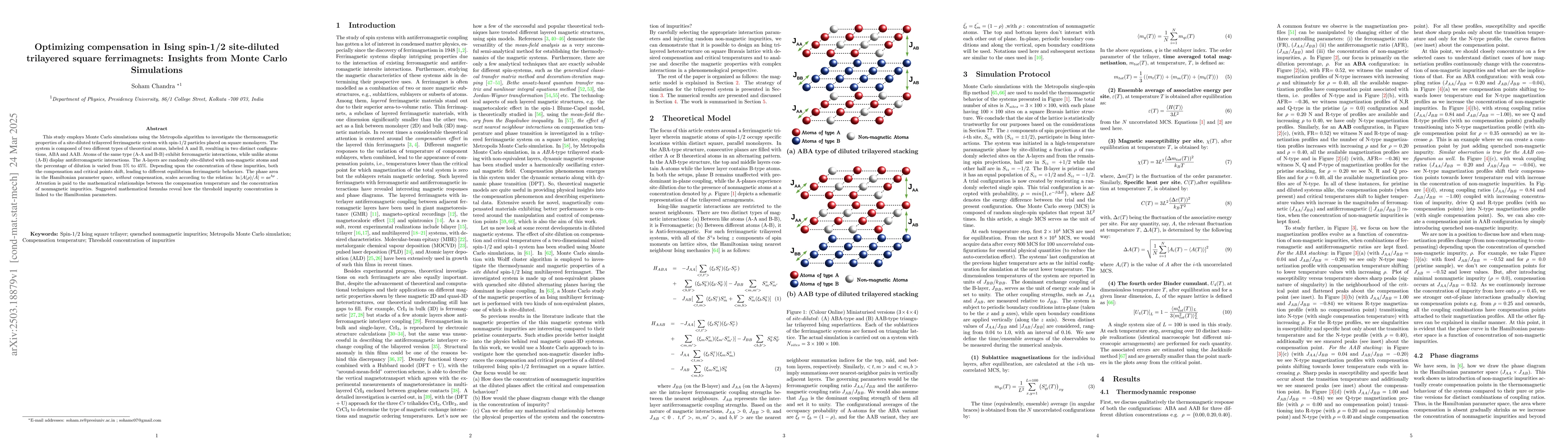 Thumbnail for Optimizing compensation in Ising spin-$1/2$ site-diluted trilayered
  square ferrimagnets: Insights from Monte Carlo Simulations