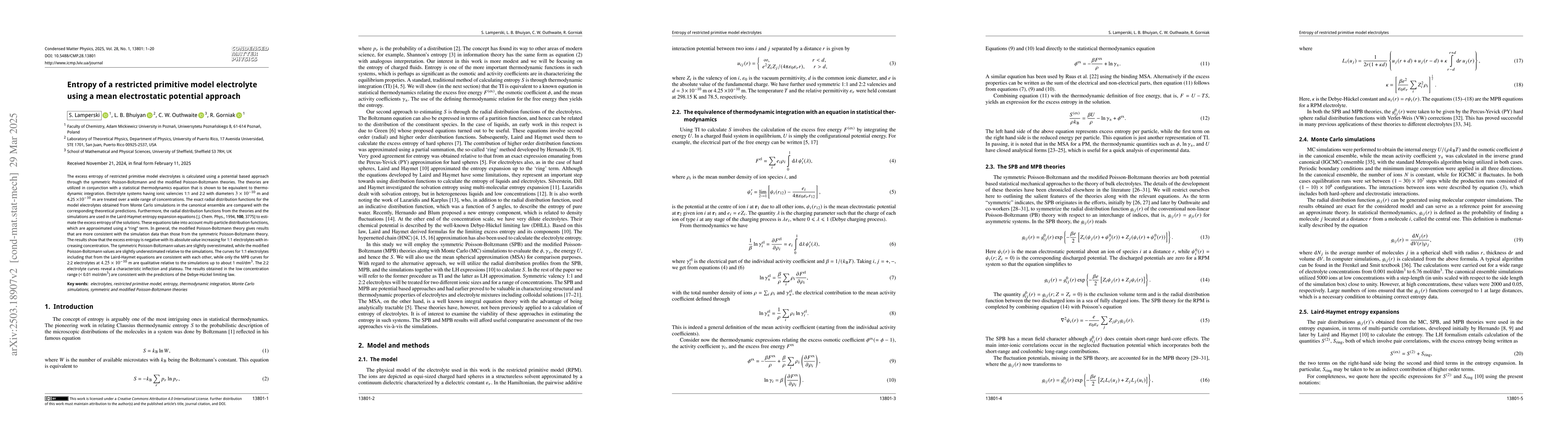 Thumbnail for Entropy of a restricted primitive model electrolyte using a mean
  electrostatic potential approach