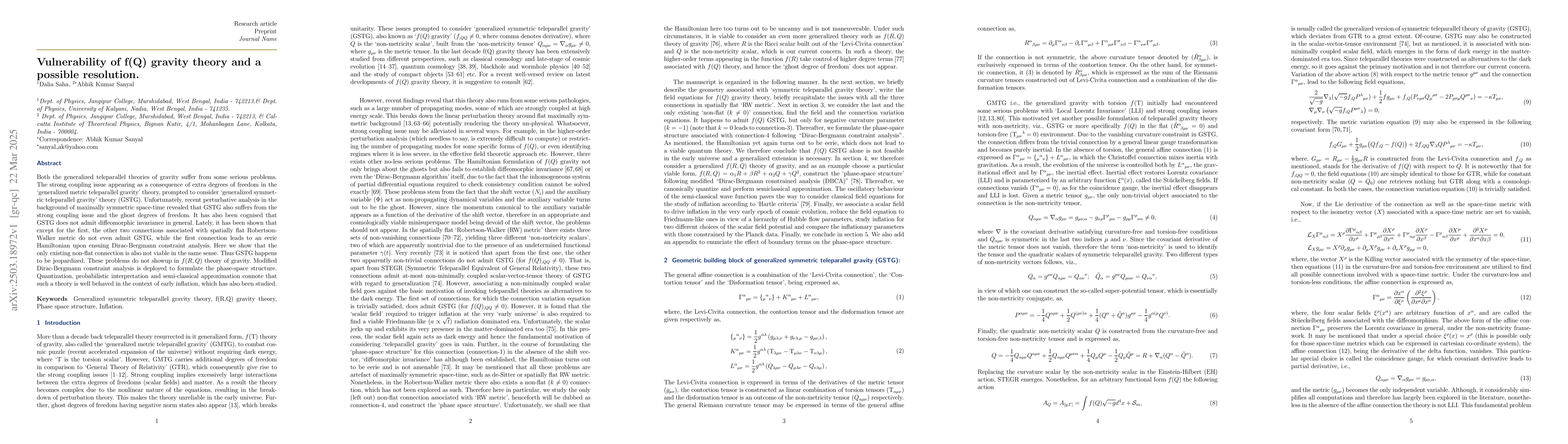 Thumbnail for Vulnerability of f(Q) gravity theory and a possible resolution