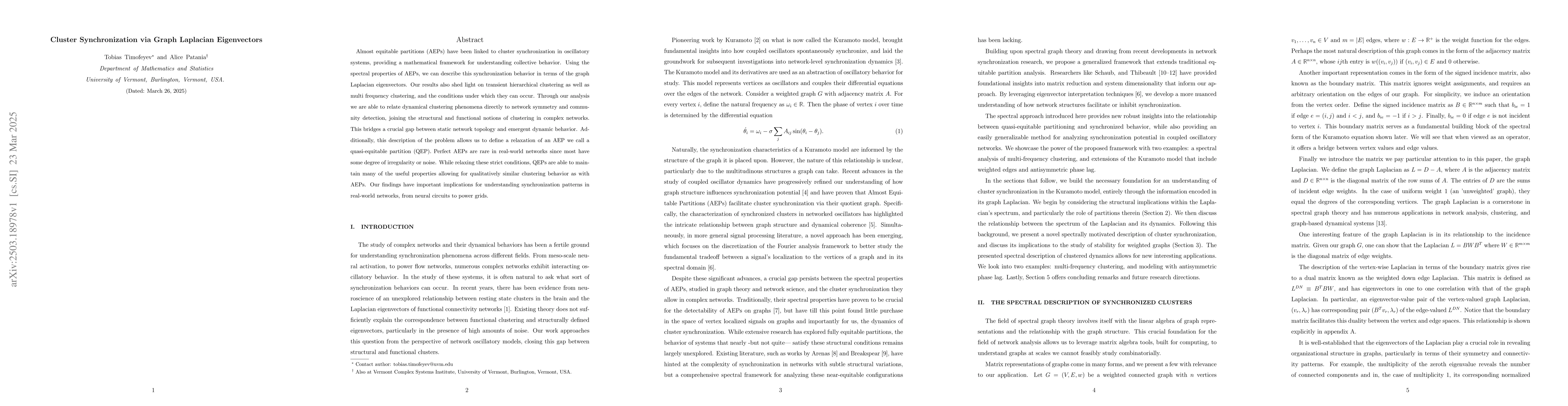 Thumbnail for Cluster Synchronization via Graph Laplacian Eigenvectors
