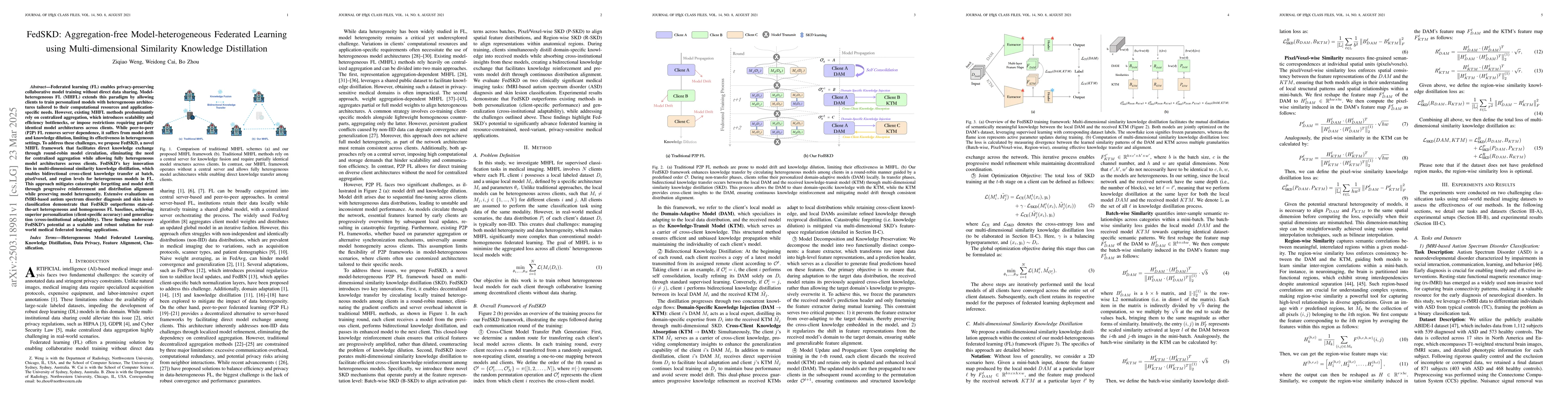 Thumbnail for FedSKD: Aggregation-free Model-heterogeneous Federated Learning using
  Multi-dimensional Similarity Knowledge Distillation