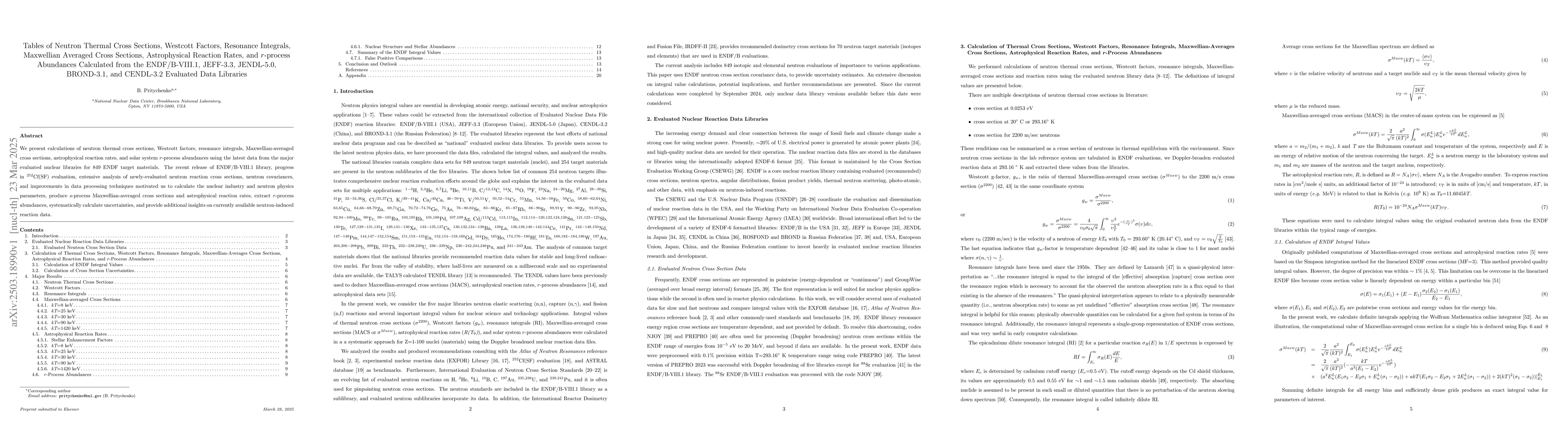 Thumbnail for Tables of Neutron Thermal Cross Sections, Westcott Factors, Resonance
  Integrals, Maxwellian Averaged Cross Sections, Astrophysical Reaction Rates,
  and r-process Abundances Calculated from Evaluated Nuclear Data Libraries