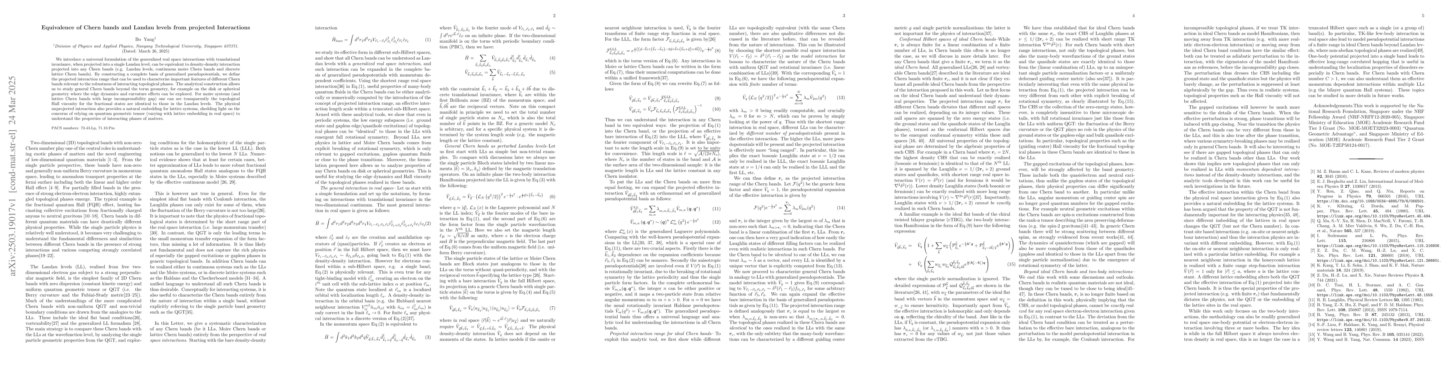 Thumbnail for Equivalence of Chern bands and Landau levels from projected Interactions