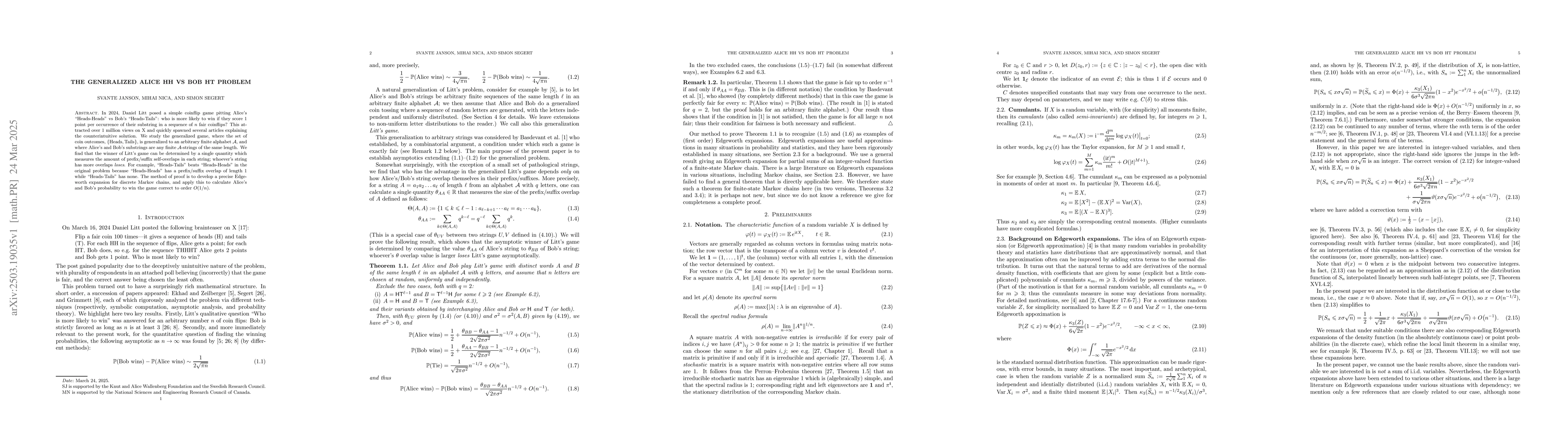 Thumbnail for The generalized Alice HH vs Bob HT problem