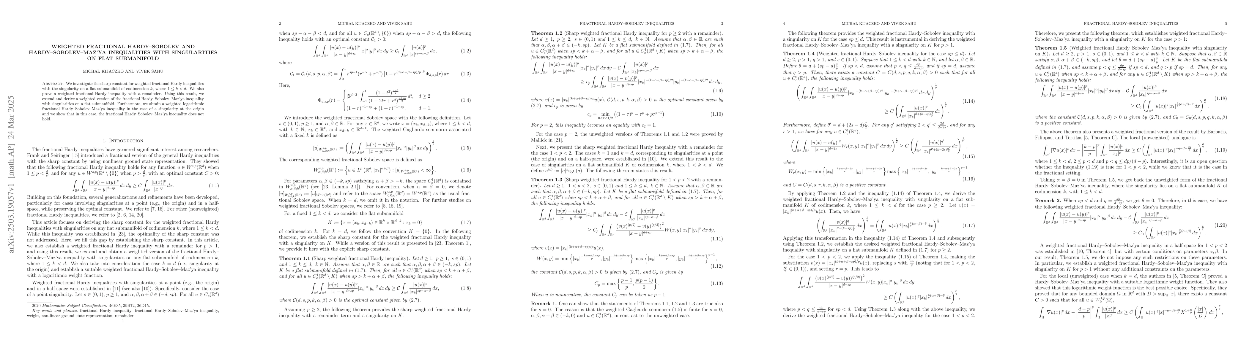 Thumbnail for Weighted fractional Hardy-Sobolev and Hardy-Sobolev-Maz'ya inequalities
  with singularities on flat submanifold