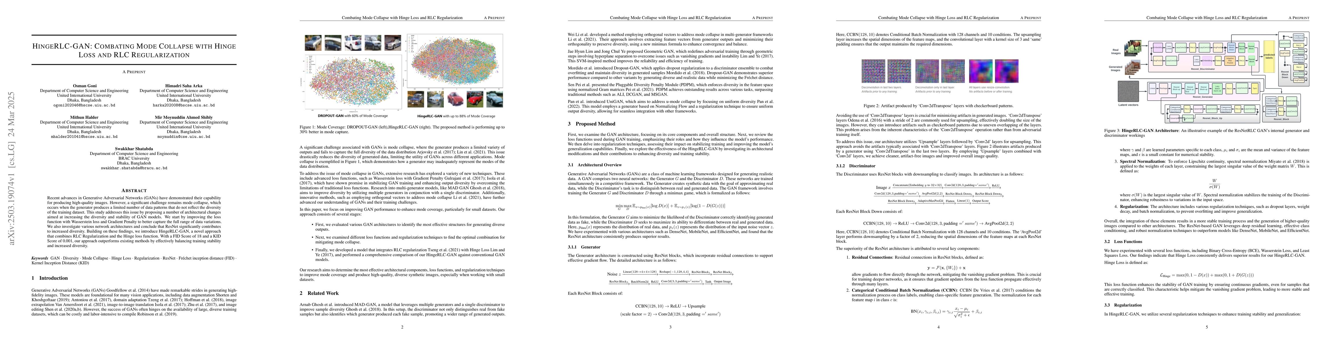 Thumbnail for HingeRLC-GAN: Combating Mode Collapse with Hinge Loss and RLC
  Regularization