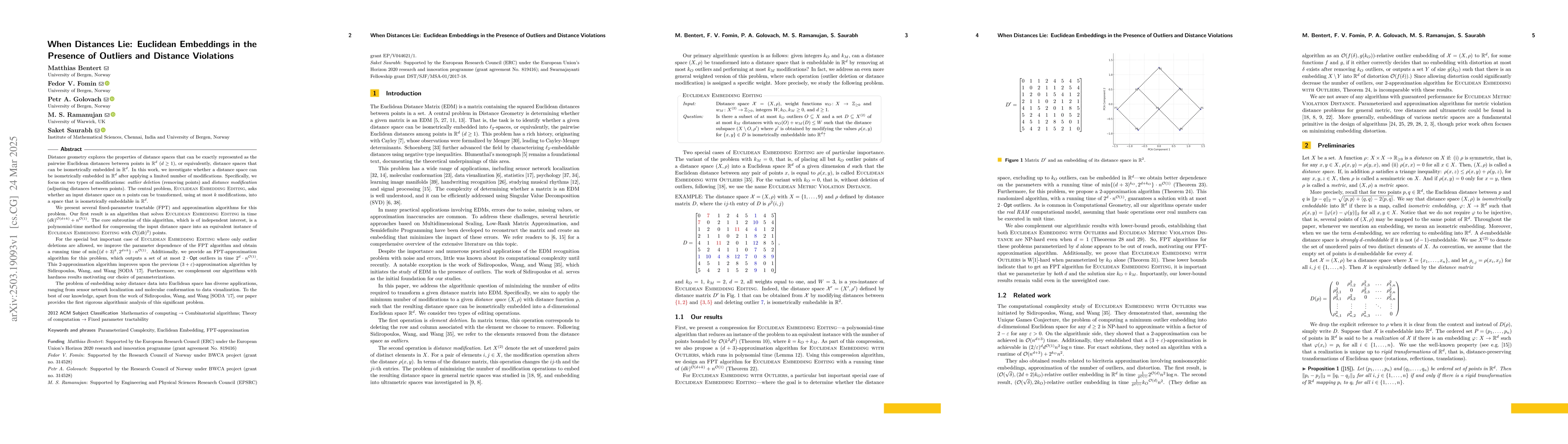 Thumbnail for When Distances Lie: Euclidean Embeddings in the Presence of Outliers and
  Distance Violations