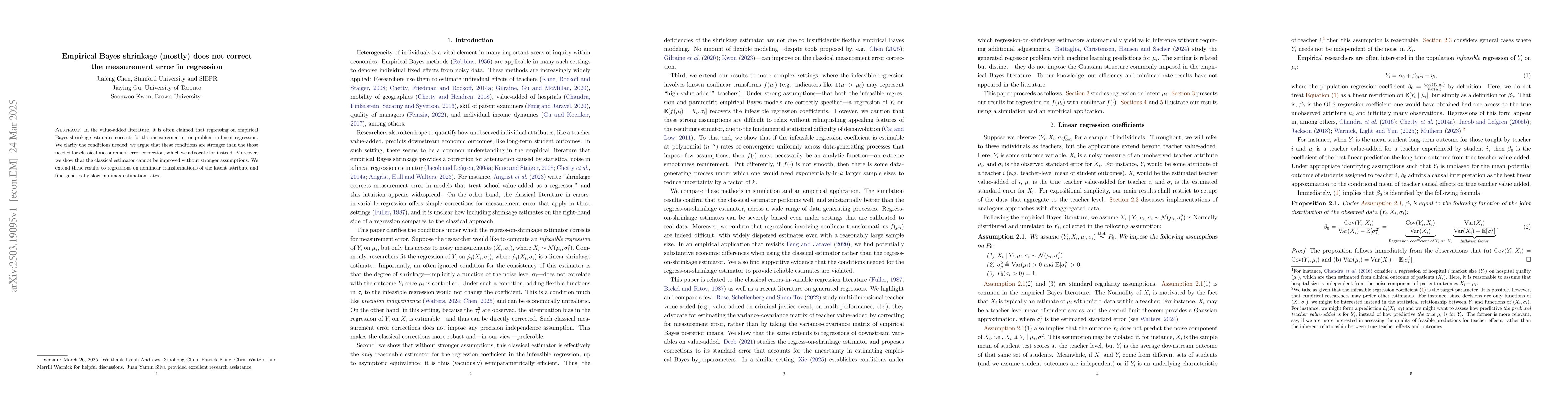 Thumbnail for Empirical Bayes shrinkage (mostly) does not correct the measurement
  error in regression