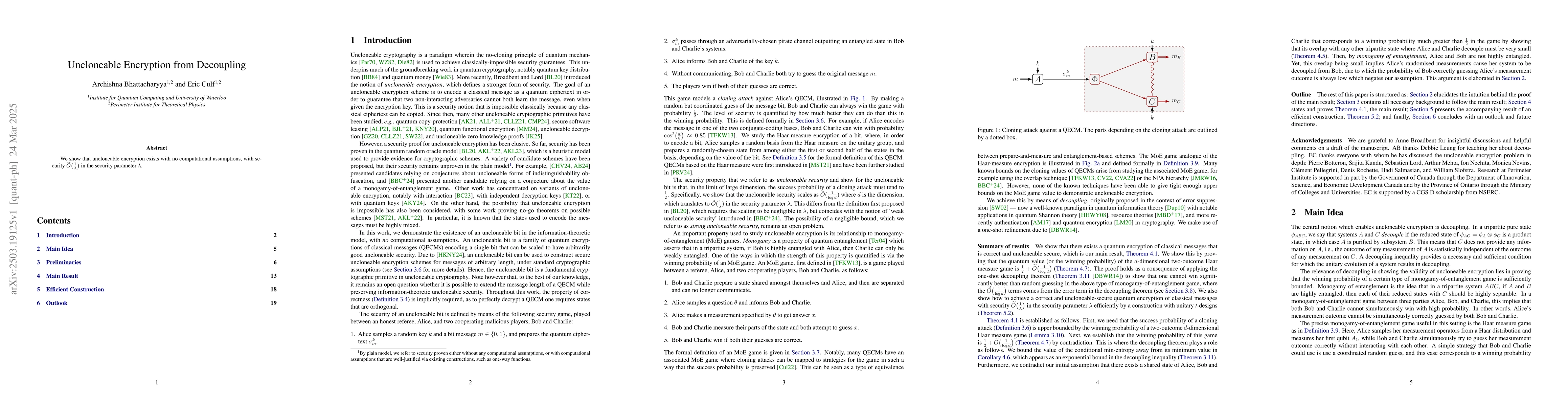 Thumbnail for Uncloneable Encryption from Decoupling
