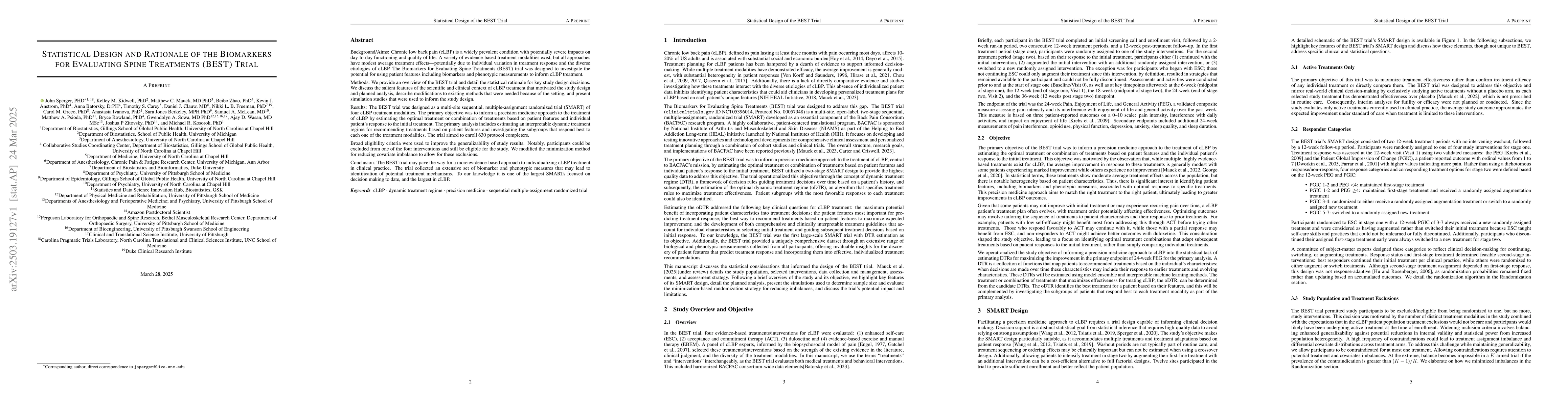 Thumbnail for Statistical Design and Rationale of the Biomarkers for Evaluating Spine
  Treatments (BEST) Trial