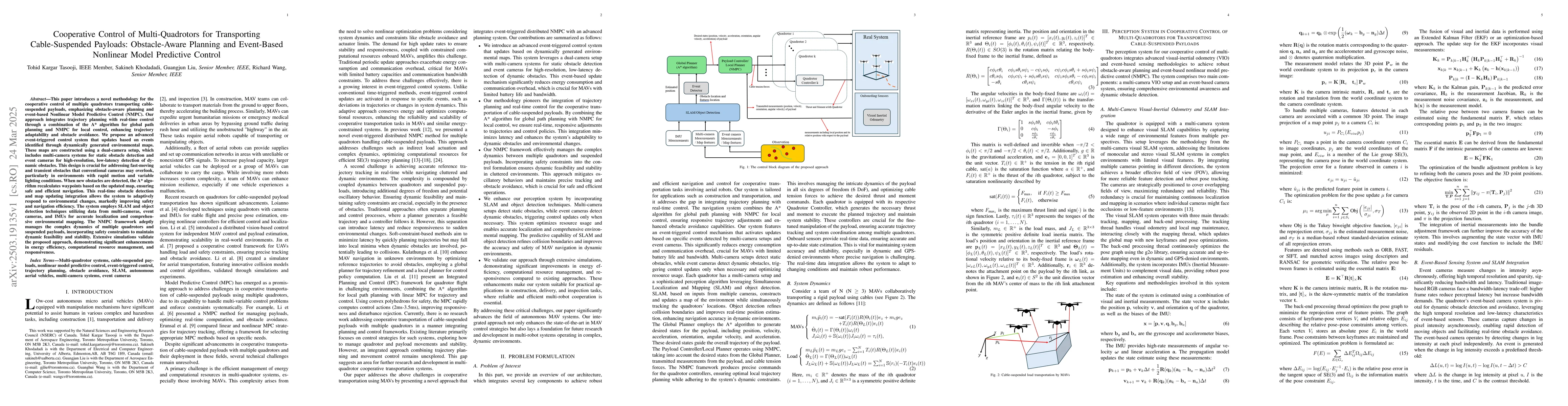 Thumbnail for Cooperative Control of Multi-Quadrotors for Transporting Cable-Suspended
  Payloads: Obstacle-Aware Planning and Event-Based Nonlinear Model Predictive
  Control