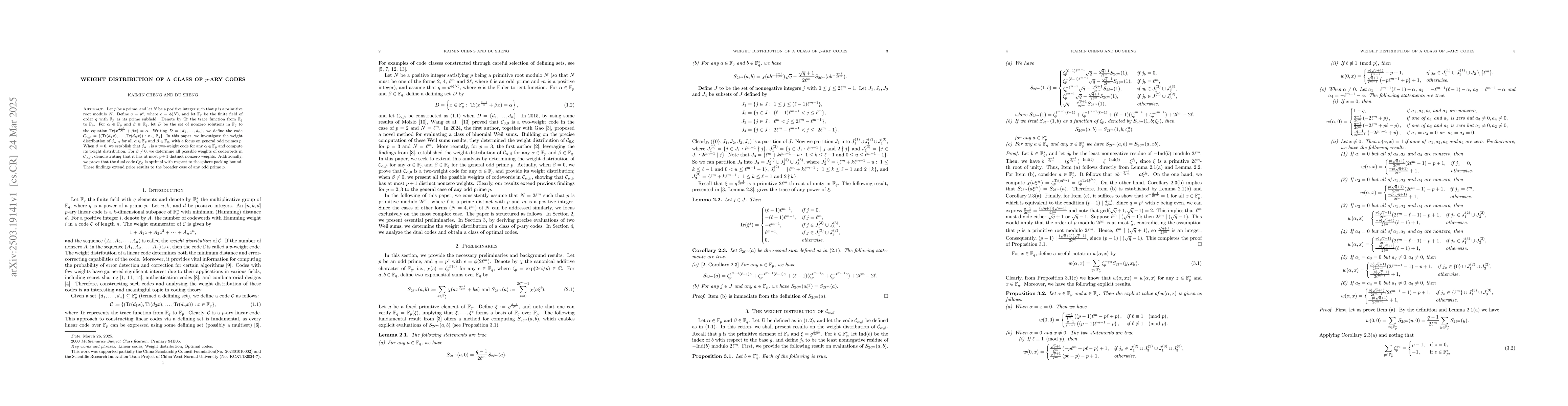 Thumbnail for Weight distribution of a class of $p$-ary codes