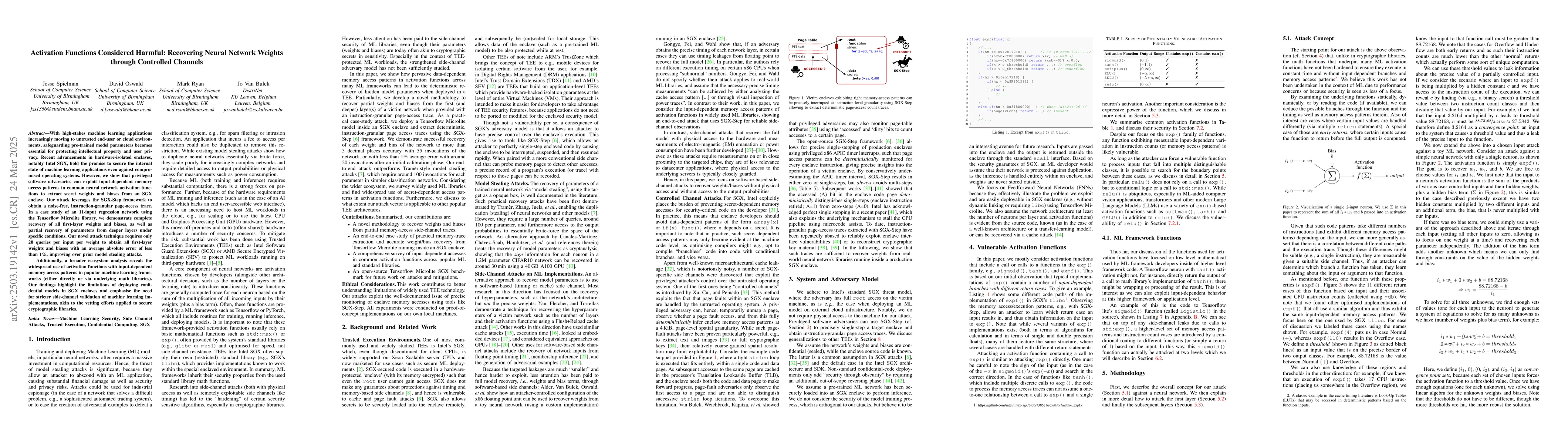 Thumbnail for Activation Functions Considered Harmful: Recovering Neural Network
  Weights through Controlled Channels