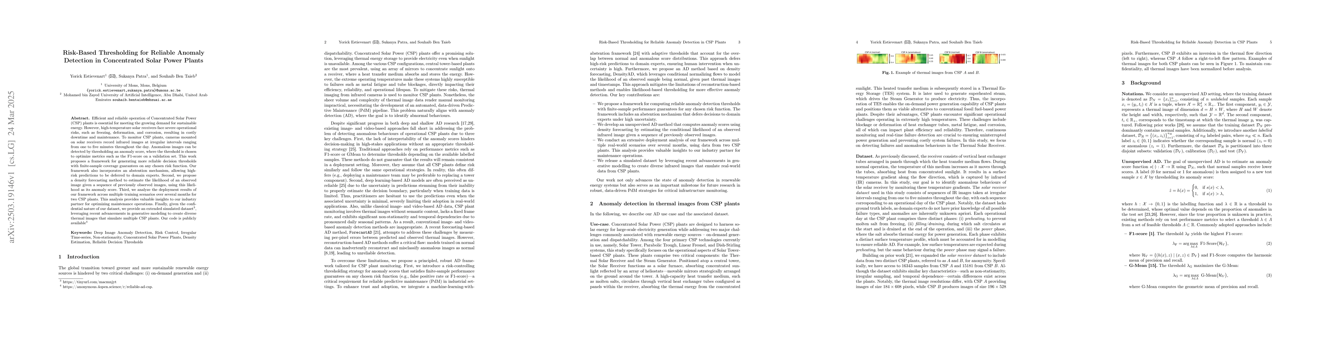 Thumbnail for Risk-Based Thresholding for Reliable Anomaly Detection in Concentrated
  Solar Power Plants