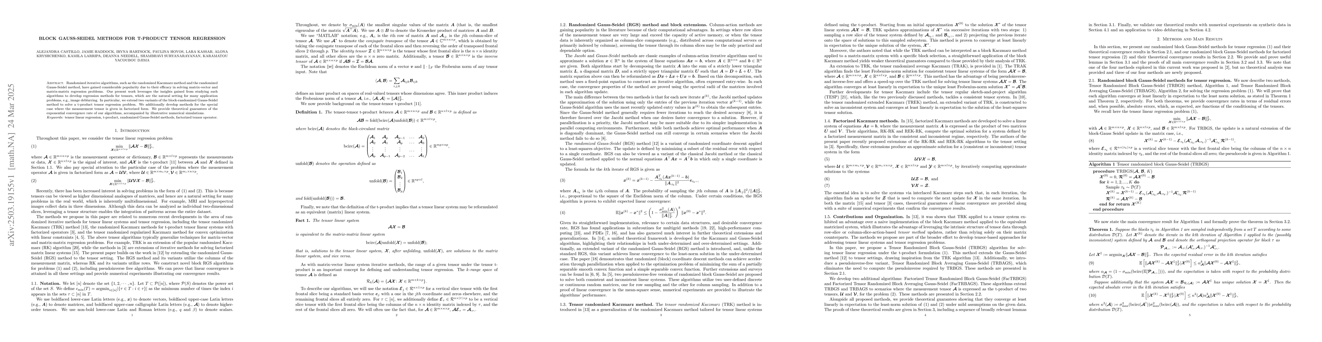 Thumbnail for Block Gauss-Seidel methods for t-product tensor regression