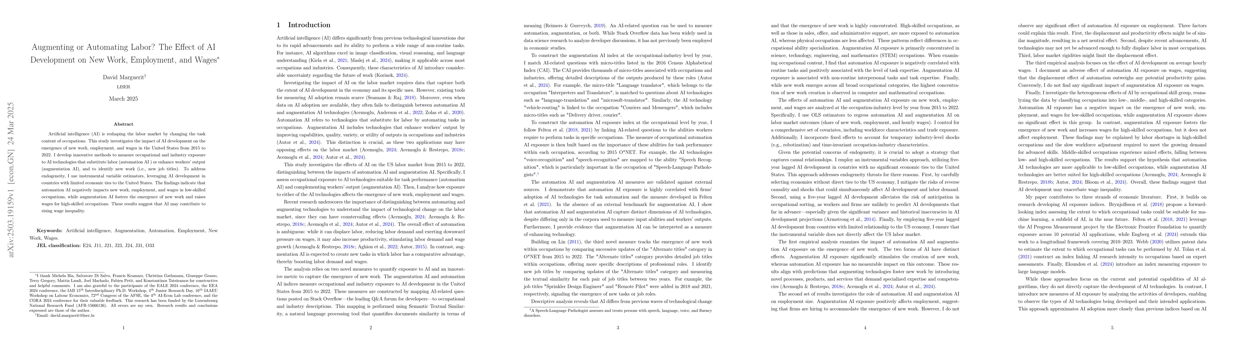 Thumbnail for Augmenting or Automating Labor? The Effect of AI Development on New
  Work, Employment, and Wages