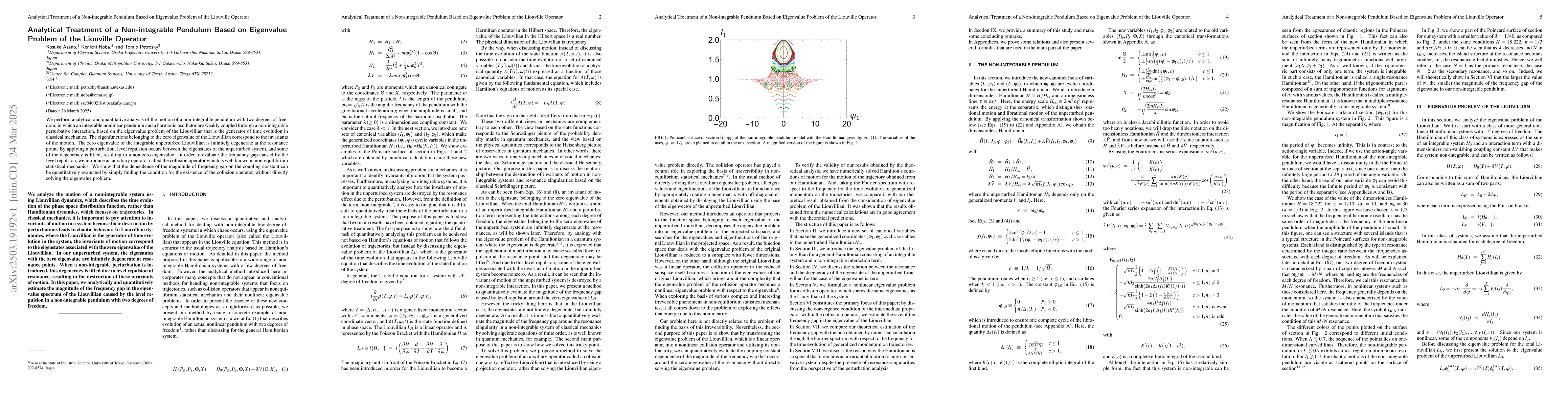 Thumbnail for Analytical Treatment of a Non-integrable Pendulum Based on Eigenvalue
  Problem of the Liouville Operator