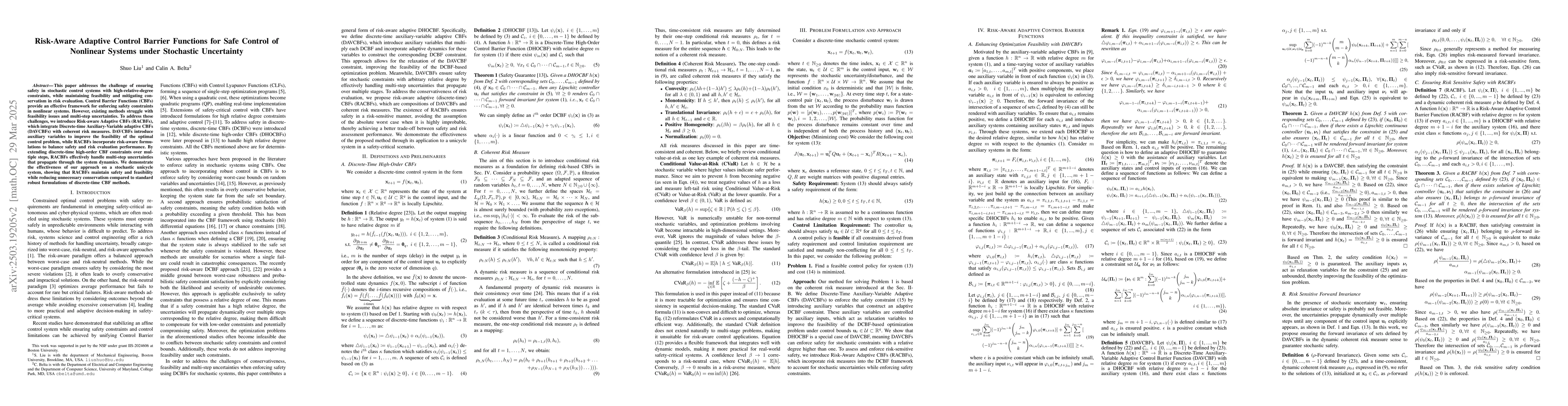 Thumbnail for Risk-Aware Adaptive Control Barrier Functions for Safe Control of
  Nonlinear Systems under Stochastic Uncertainty
