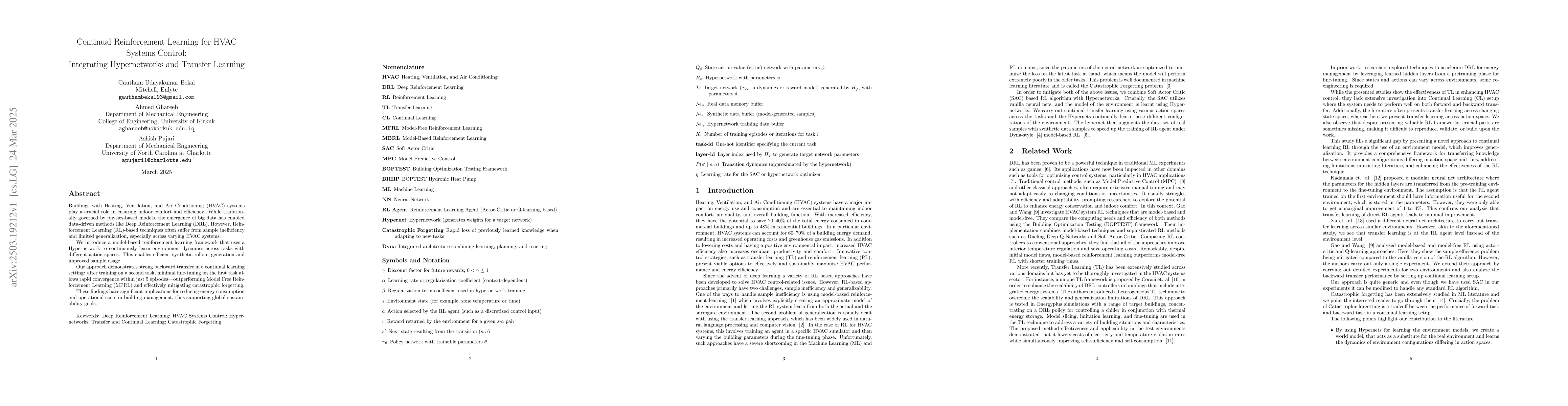 Thumbnail for Continual Reinforcement Learning for HVAC Systems Control: Integrating
  Hypernetworks and Transfer Learning