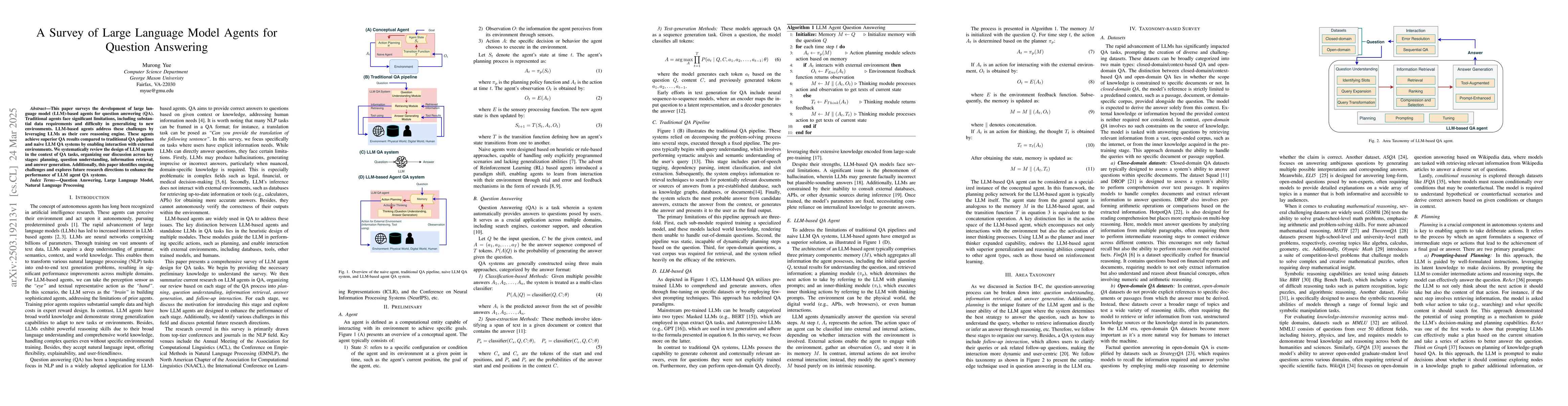 Thumbnail for A Survey of Large Language Model Agents for Question Answering