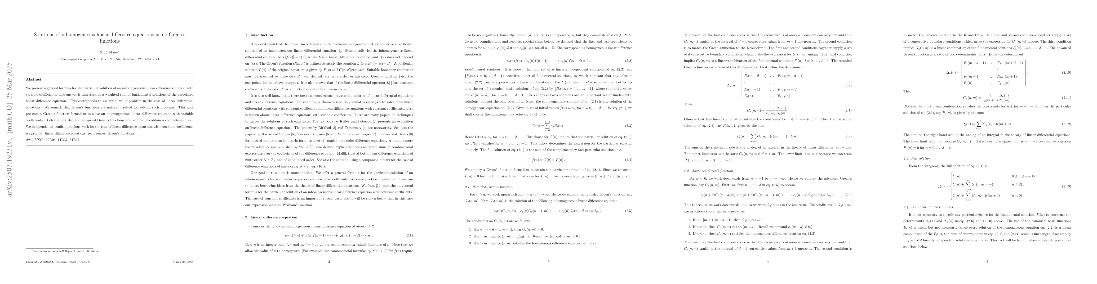 Thumbnail for Solutions of inhomogeneous linear difference equations using Green's
  functions