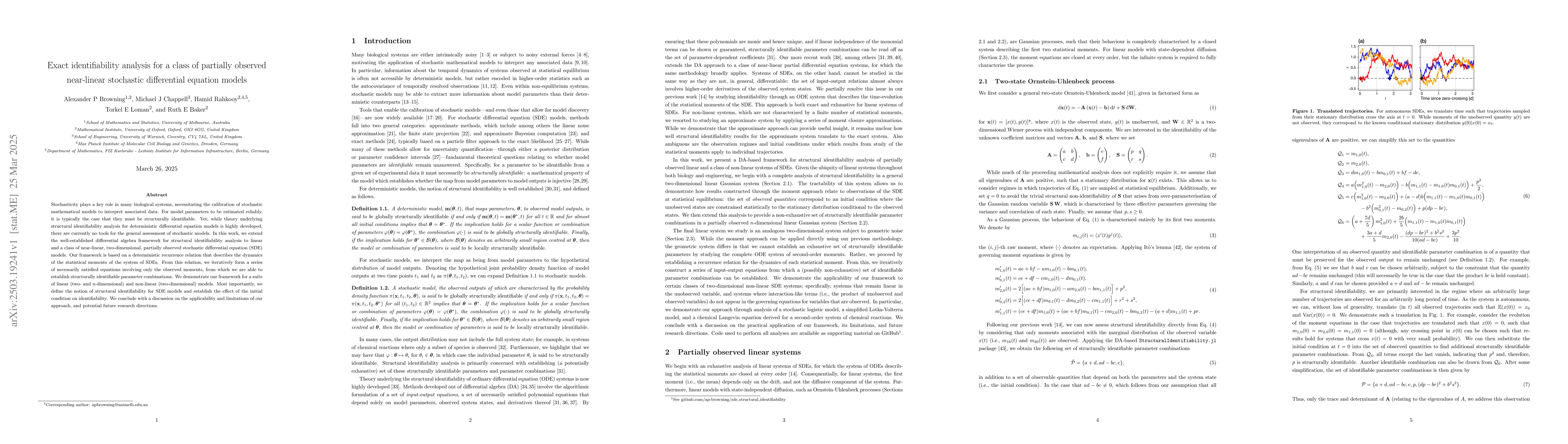 Thumbnail for Exact identifiability analysis for a class of partially observed
  near-linear stochastic differential equation models