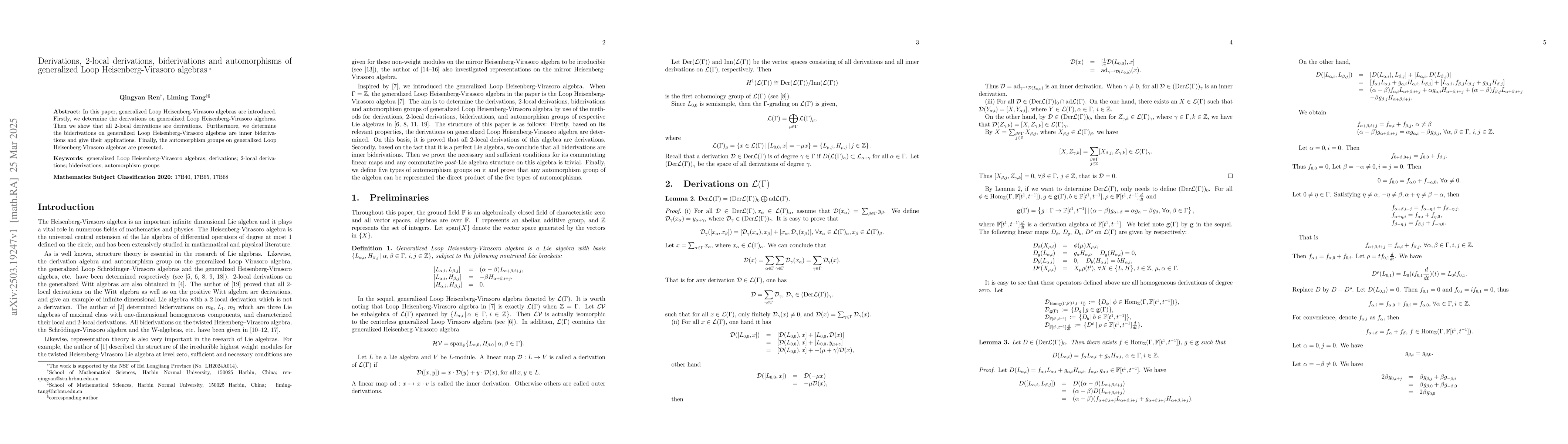 Thumbnail for Derivations, 2-local derivations, biderivations and automorphisms of
  generalized Loop Heisenberg-Virasoro algebras