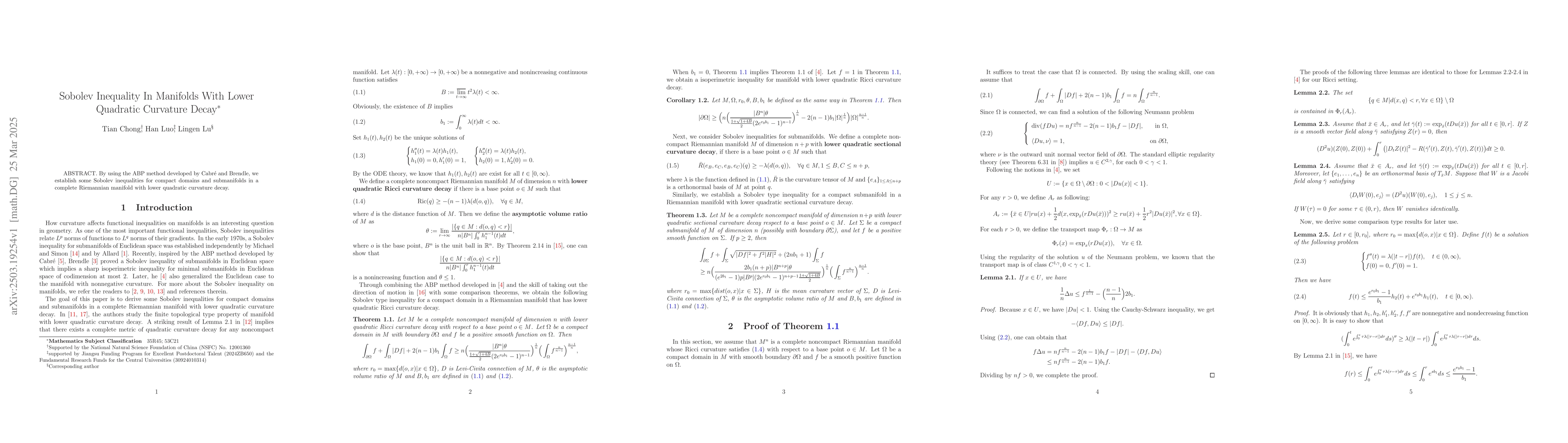 Thumbnail for Sobolev Inequality In Manifolds With Lower Quadratic Curvature Decay