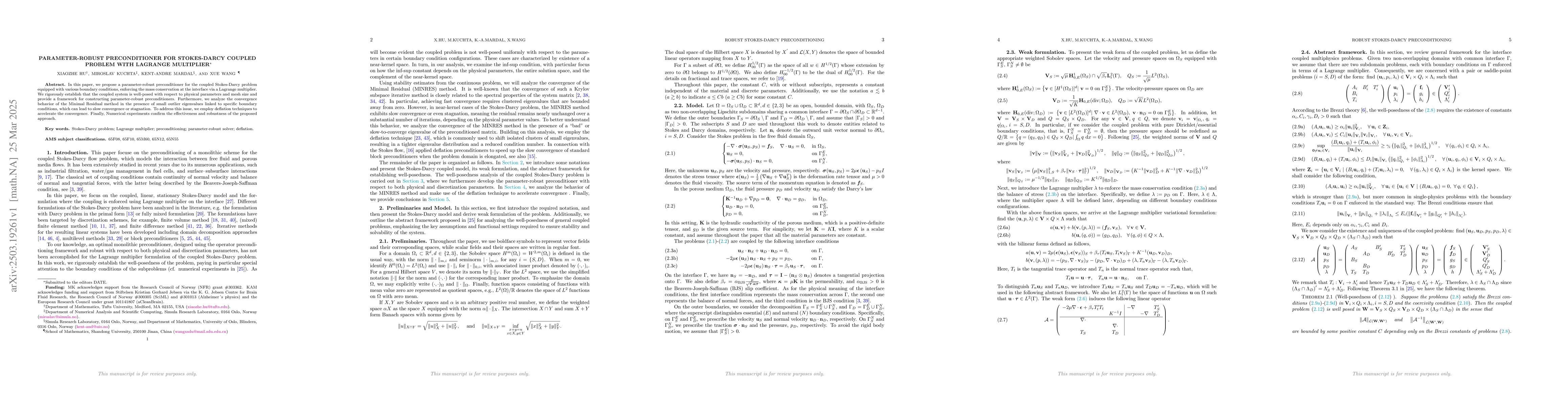 Thumbnail for Parameter-robust preconditioner for Stokes-Darcy coupled problem with
  Lagrange multiplier