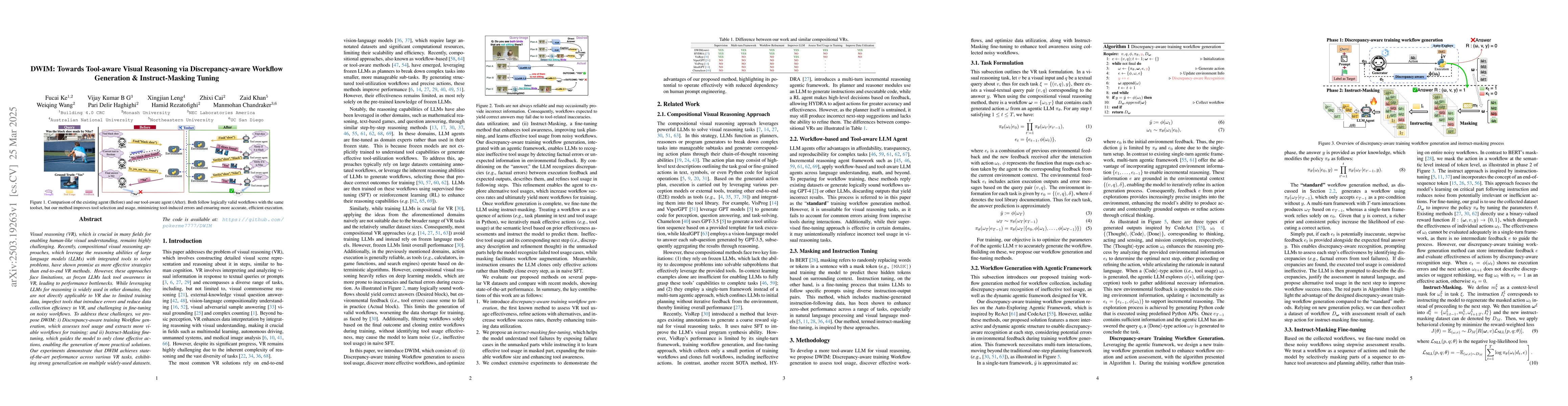 Thumbnail for DWIM: Towards Tool-aware Visual Reasoning via Discrepancy-aware Workflow
  Generation & Instruct-Masking Tuning