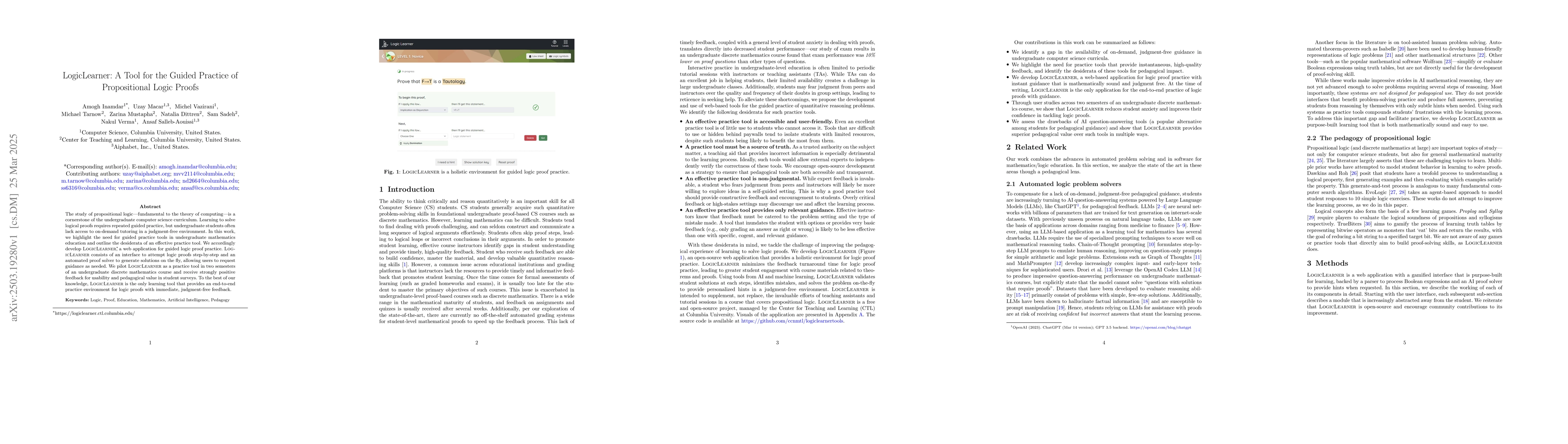 Thumbnail for LogicLearner: A Tool for the Guided Practice of Propositional Logic
  Proofs