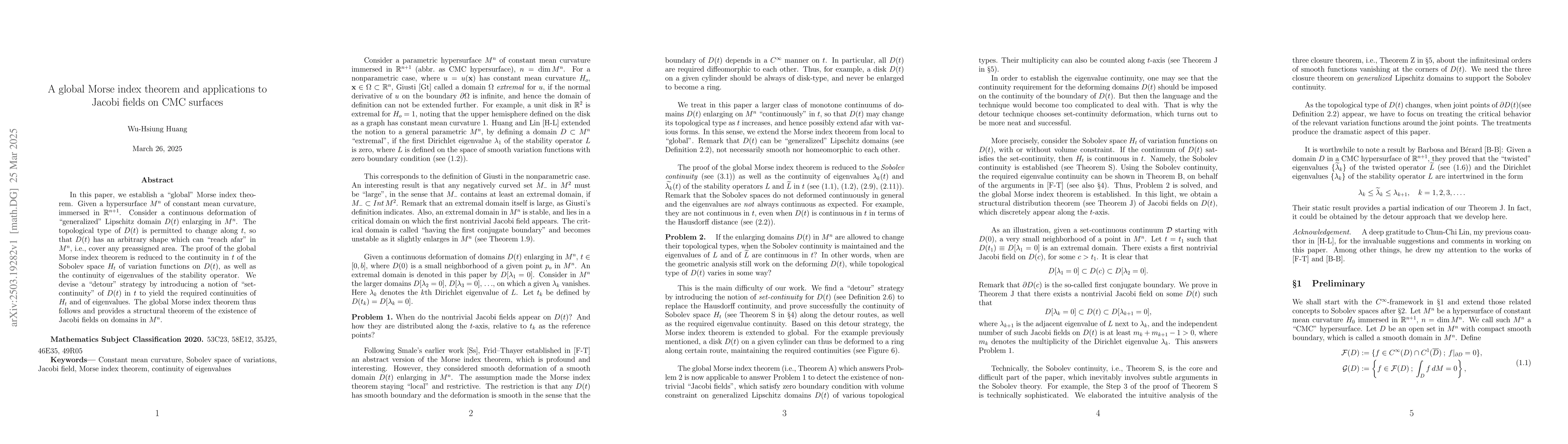 Thumbnail for A global Morse index theorem and applications to Jacobi fields on CMC
  surfaces