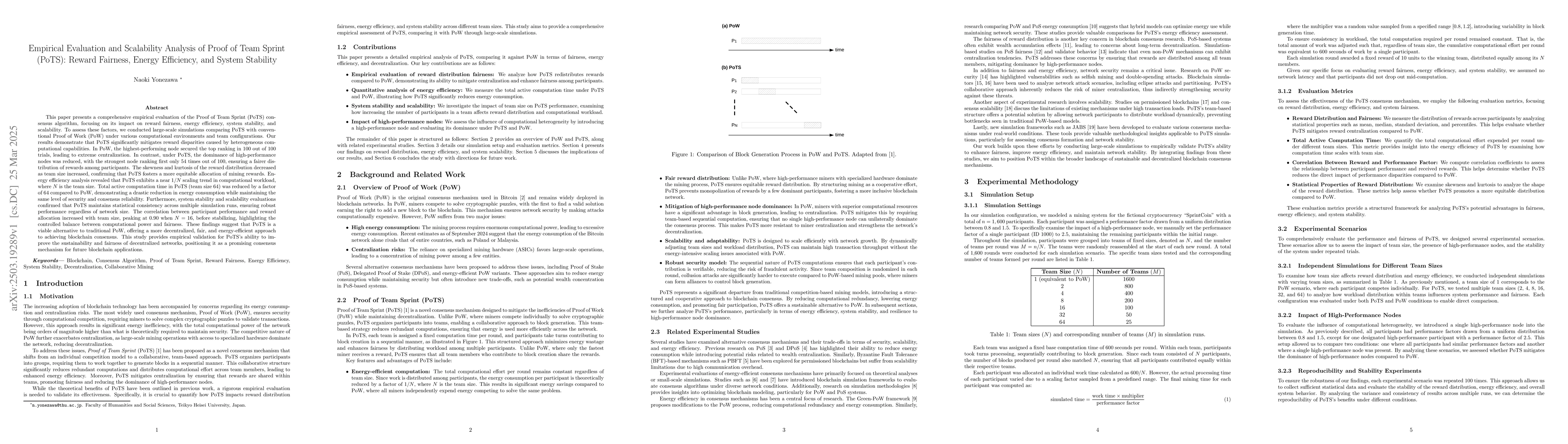 Thumbnail for Empirical Evaluation and Scalability Analysis of Proof of Team Sprint
  (PoTS): Reward Fairness, Energy Efficiency, and System Stability