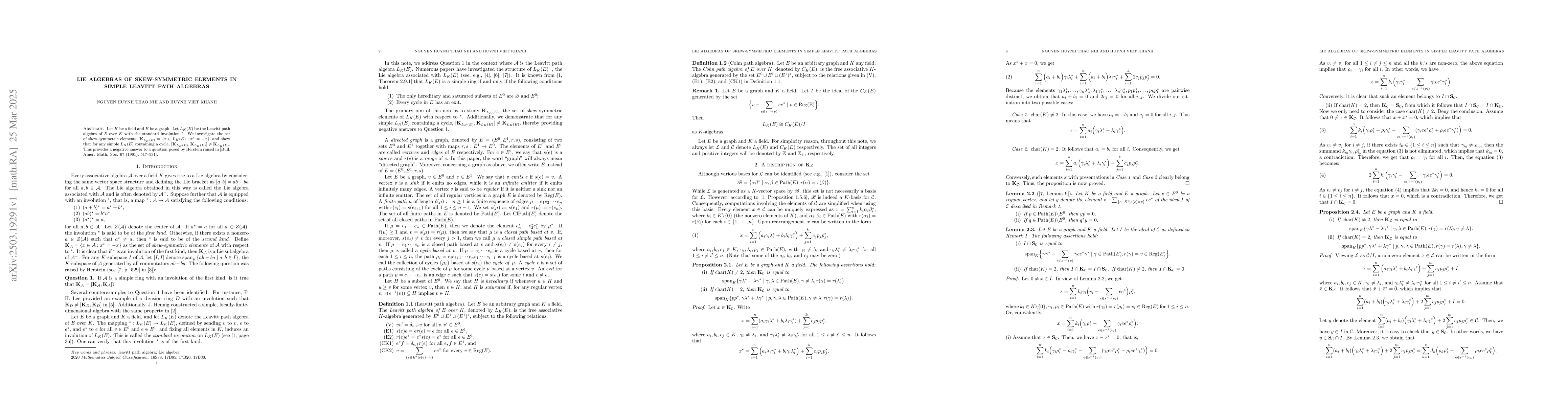 Thumbnail for Lie Algebras of Skew-Symmetric Elements in Simple Leavitt path algebras