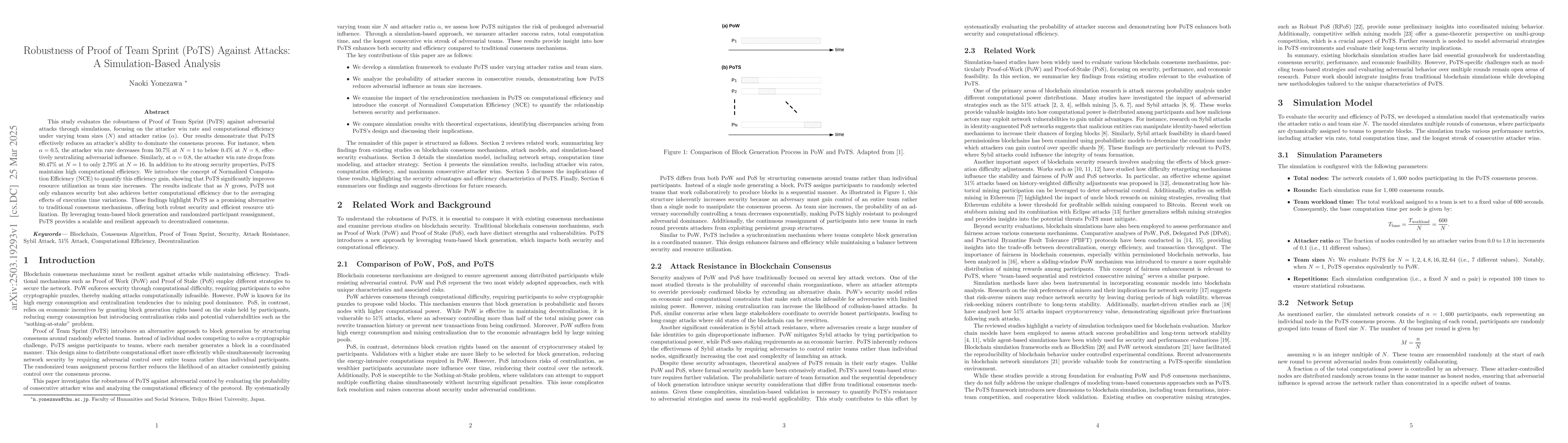 Thumbnail for Robustness of Proof of Team Sprint (PoTS) Against Attacks: A
  Simulation-Based Analysis