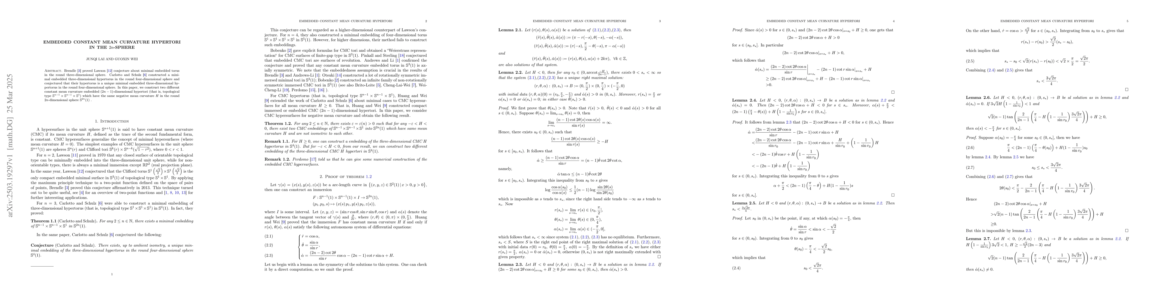 Thumbnail for Embedded constant mean curvature hypertori in the $2n$-sphere