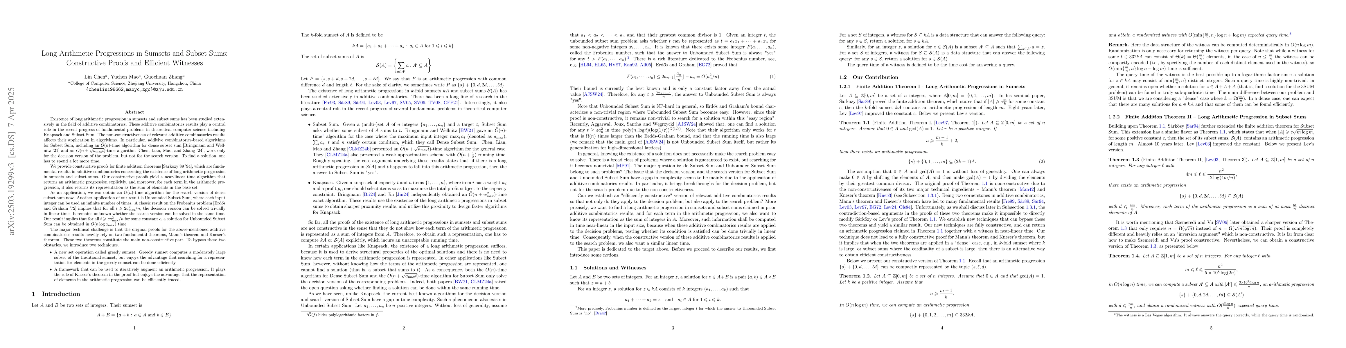 Thumbnail for Long Arithmetic Progressions in Sumsets and Subset Sums: Constructive
  Proofs and Efficient Witnesses