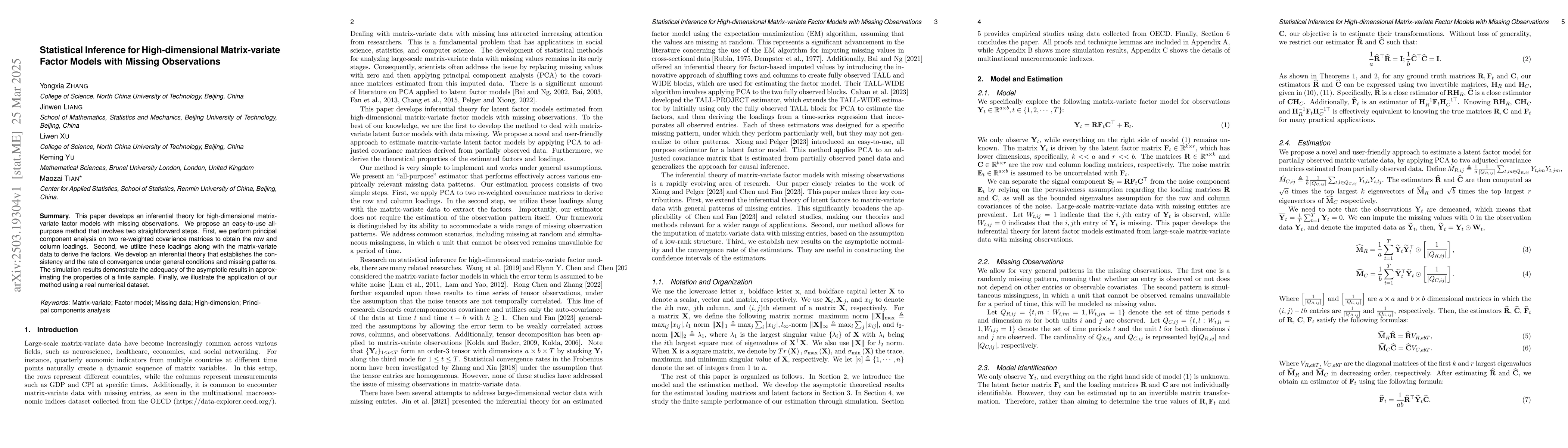 Thumbnail for Statistical Inference for High-dimensional Matrix-variate Factor Models
  with Missing Observations