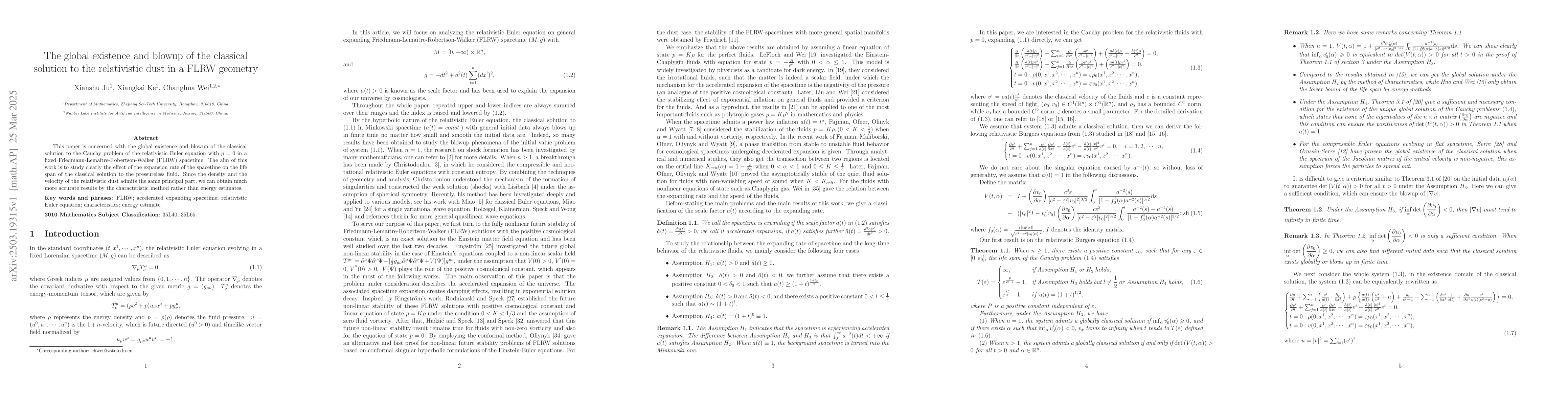 Thumbnail for The global existence and blowup of the classical solution to the
  relativistic dust in a FLRW geometry