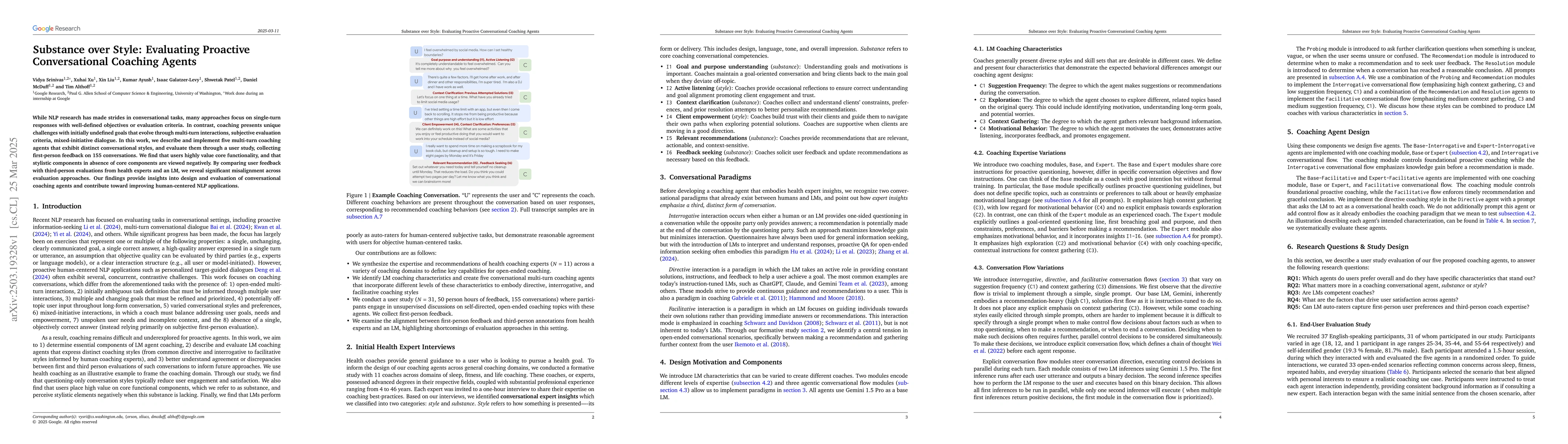 Thumbnail for Substance over Style: Evaluating Proactive Conversational Coaching
  Agents