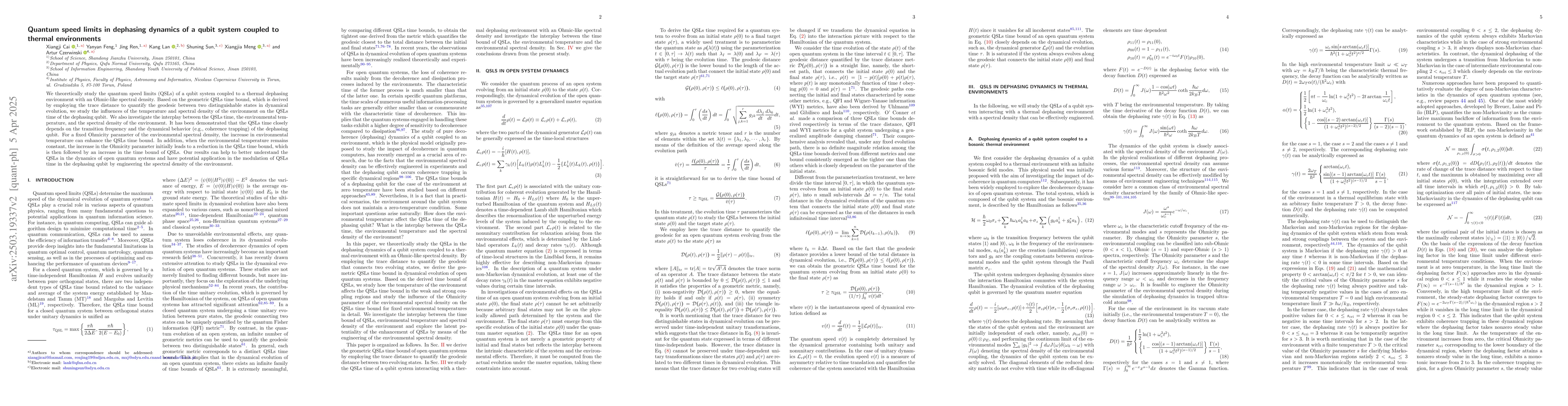 Thumbnail for Quantum speed limits in dephasing dynamics of a qubit system coupled to
  thermal environments
