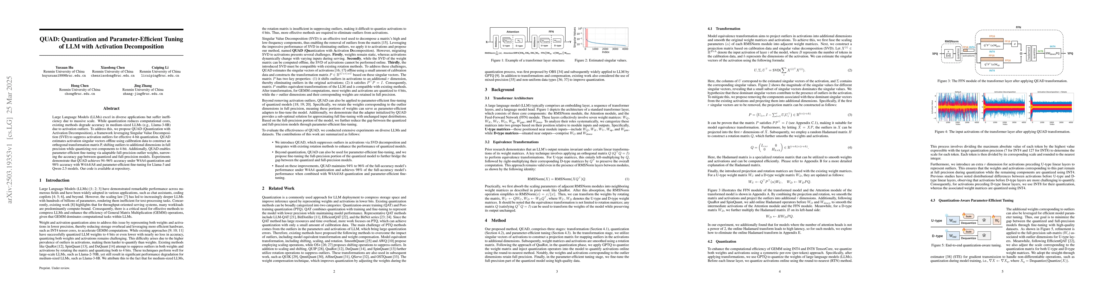 Thumbnail for QUAD: Quantization and Parameter-Efficient Tuning of LLM with Activation
  Decomposition