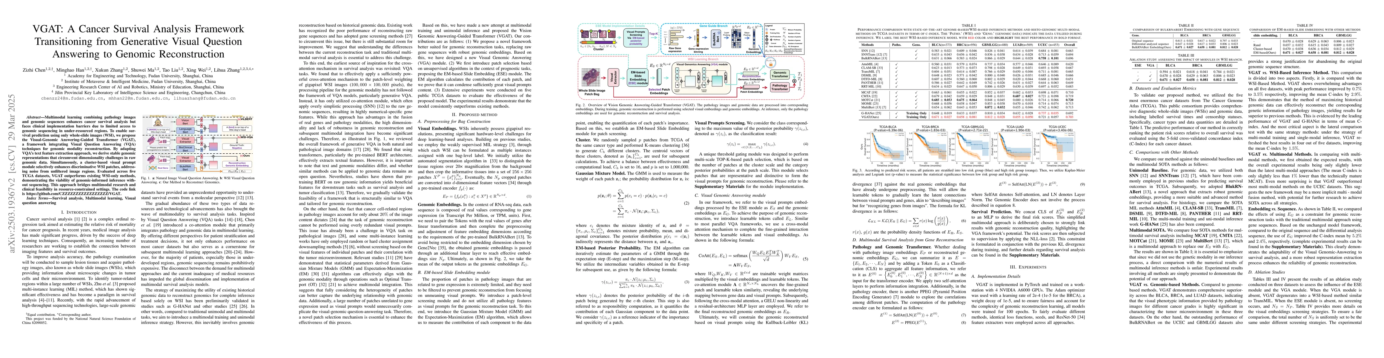 Thumbnail for VGAT: A Cancer Survival Analysis Framework Transitioning from Generative
  Visual Question Answering to Genomic Reconstruction