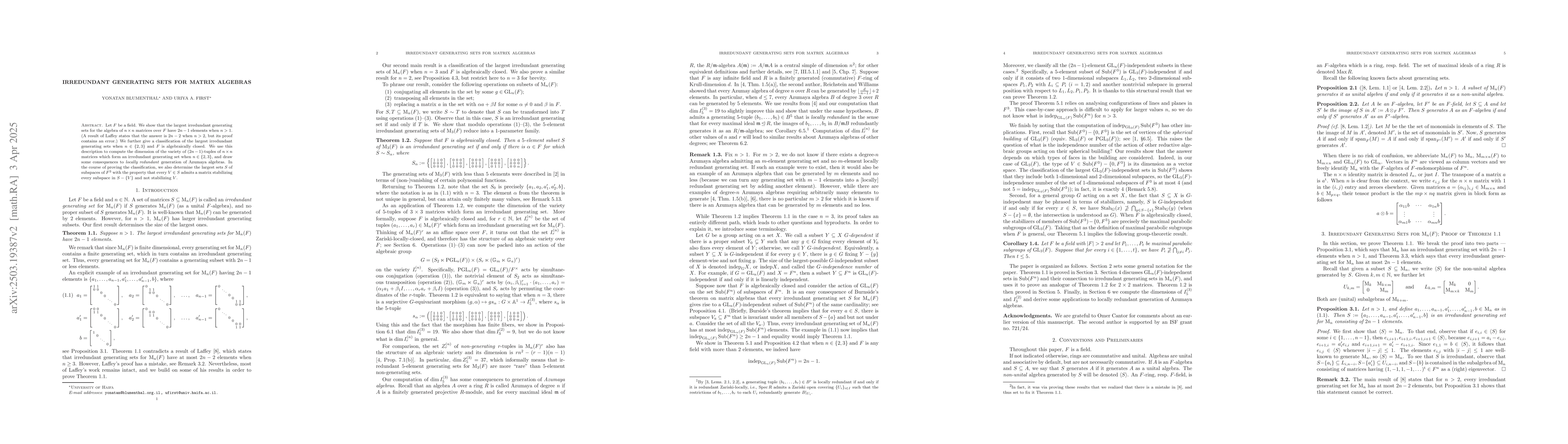 Thumbnail for Irredundant Generating Sets for Matrix Algebras