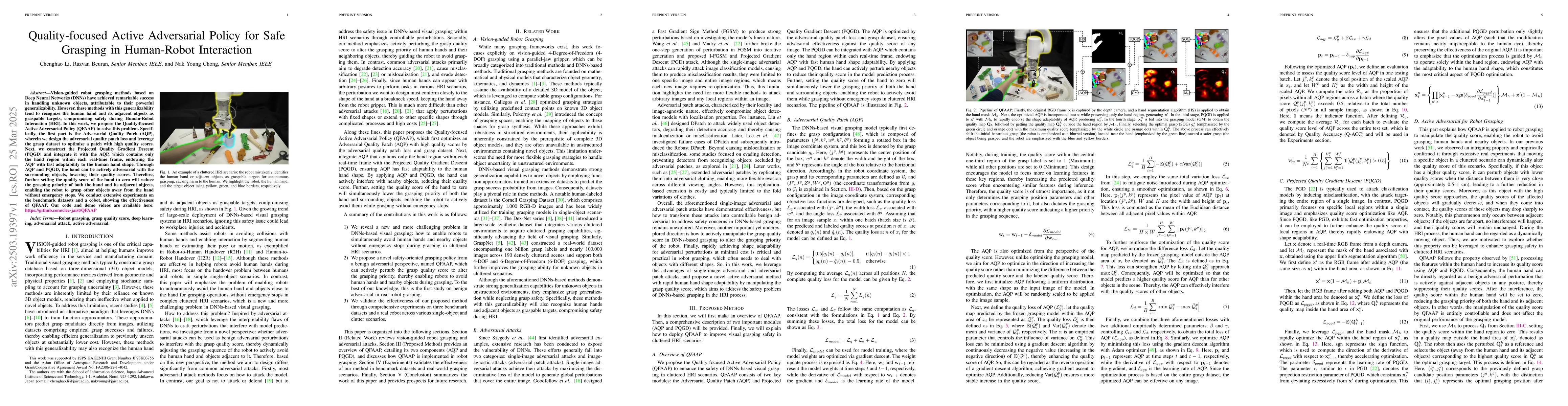 Thumbnail for Quality-focused Active Adversarial Policy for Safe Grasping in
  Human-Robot Interaction