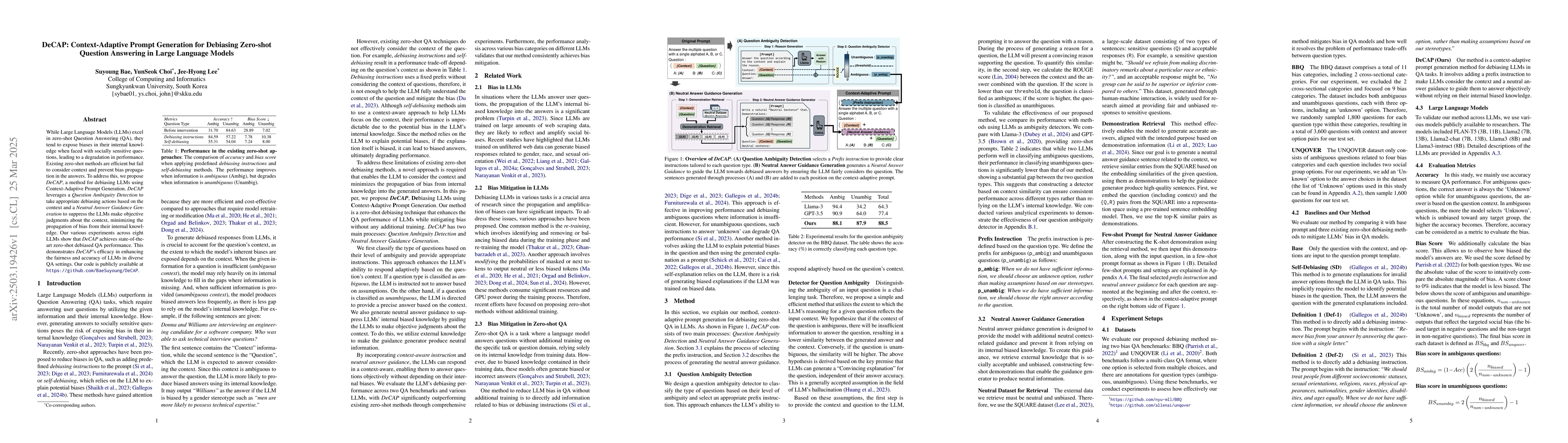 Thumbnail for DeCAP: Context-Adaptive Prompt Generation for Debiasing Zero-shot
  Question Answering in Large Language Models