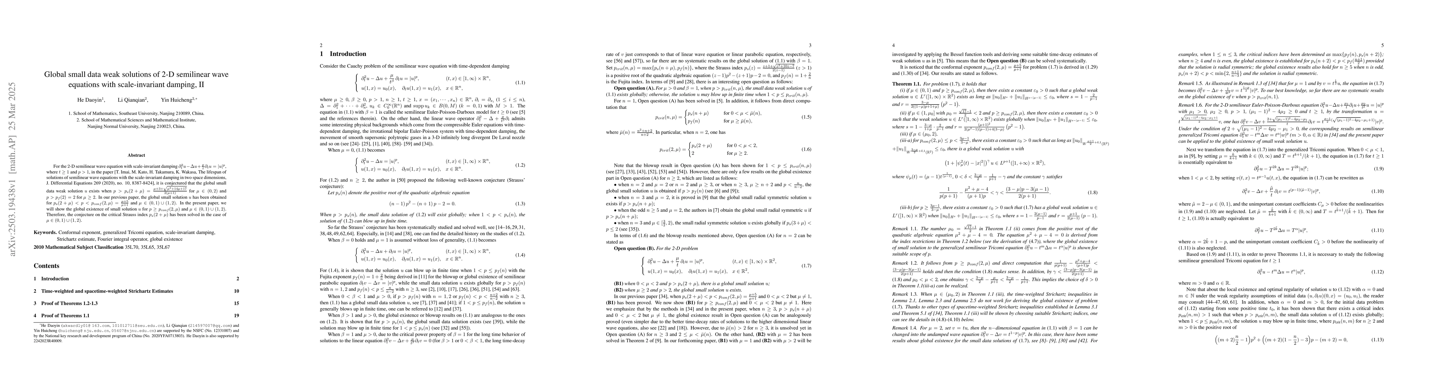 Thumbnail for Global small data weak solutions of 2-D semilinear wave equations with
  scale-invariant damping, II