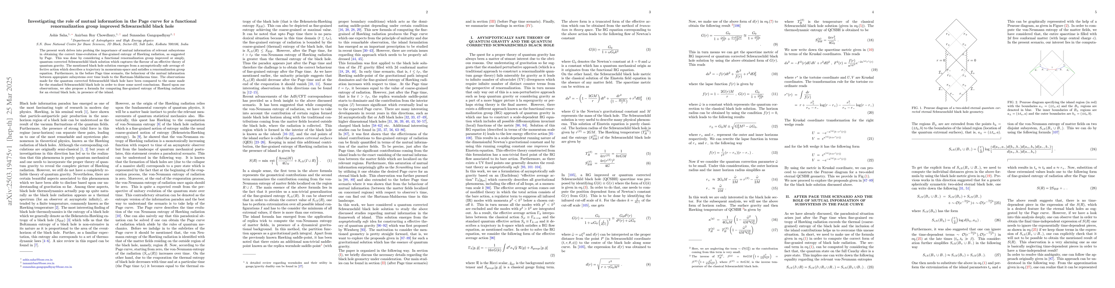 Thumbnail for Investigating the role of mutual information in the Page curve for a
  functional renormalization group improved Schwarzschild black hole
